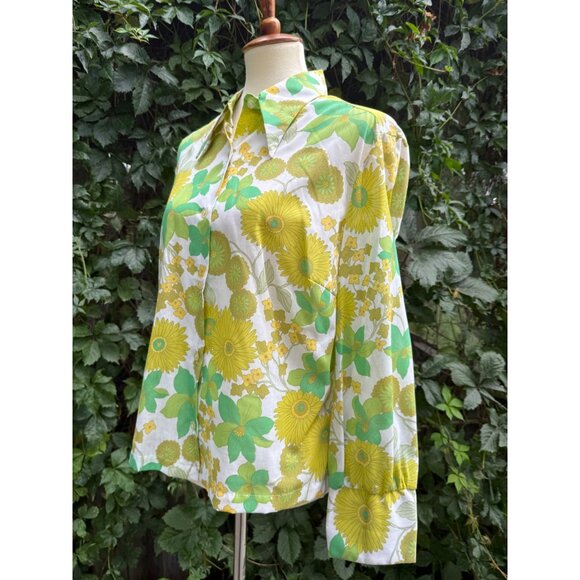 70s Dagger Collar Flower Power Shirt Green Yellow Sheer Floral Volup Custom Made - Picture 4 of 10